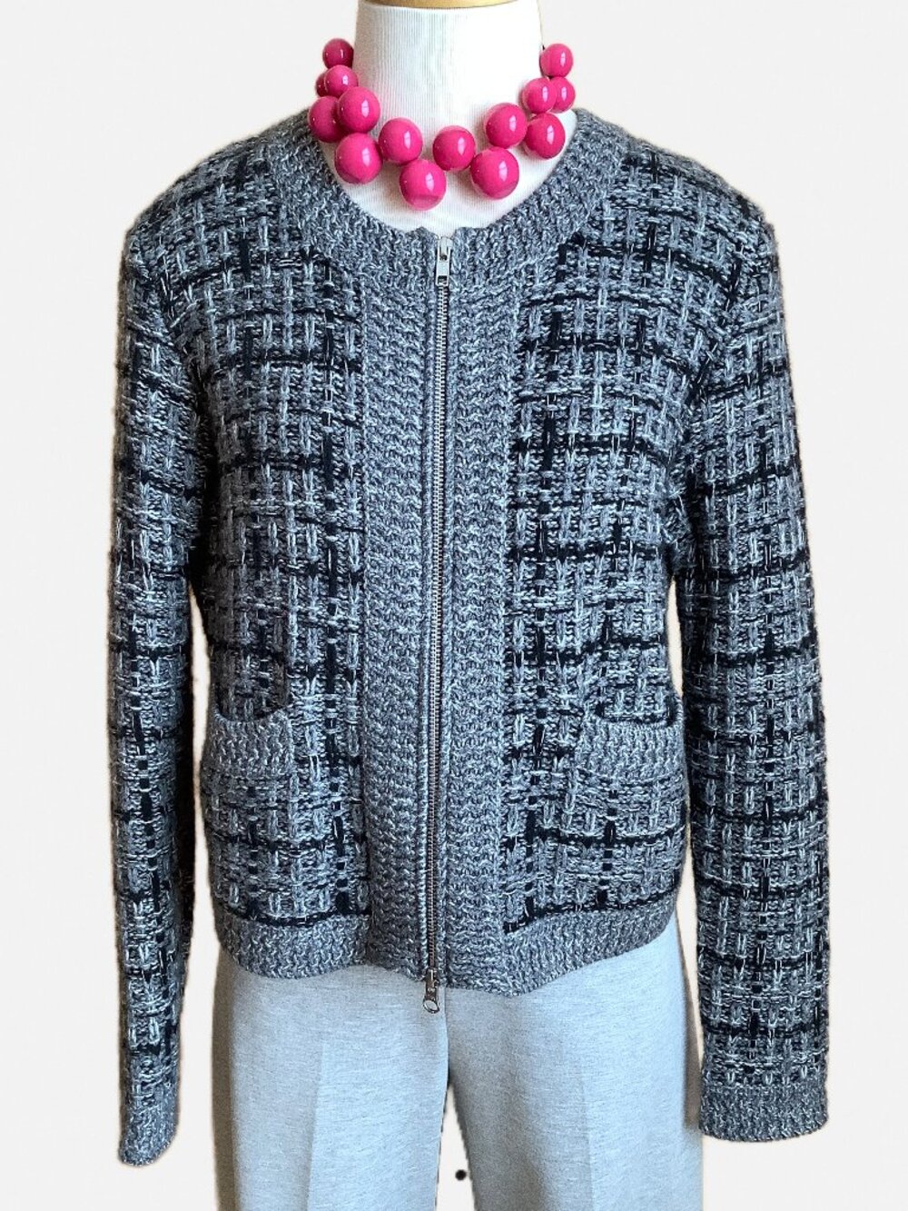 Autumn Cashmere Gray Cashmere Wool Zip Front Knit Cardigan Jacket Sweater L